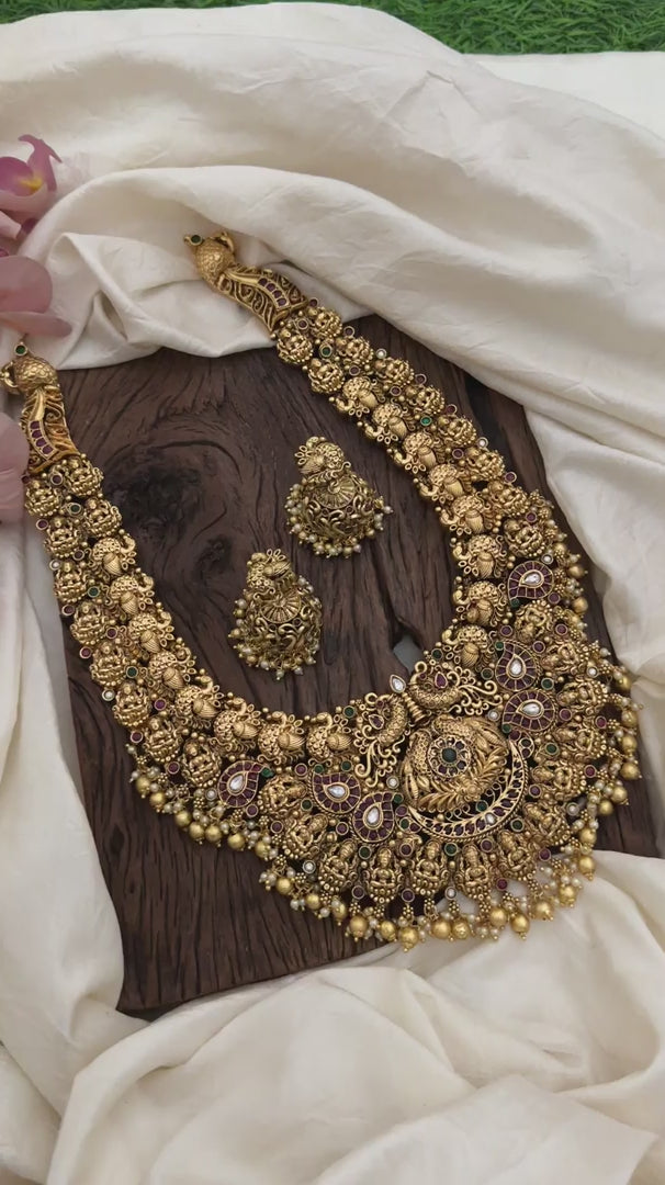 Intricate Antique Dual Peacock Lakshmi Haram-Golden Beads-Pearl-G12688