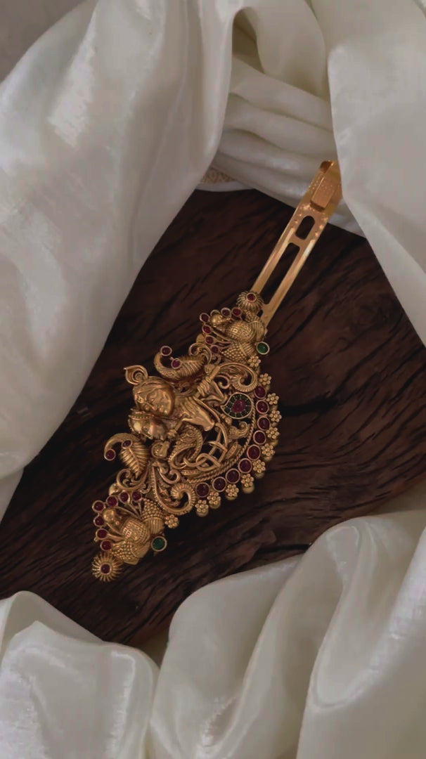 Gold Look Alike Temple Hair clip -Gold Bead-Krishna -Red Green-G11262