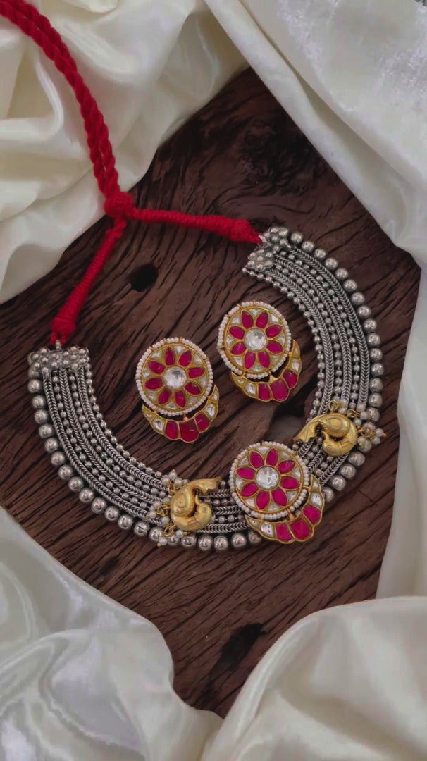 Statement Silver Neckpiece with Kundan Stones - Red & White - J1873