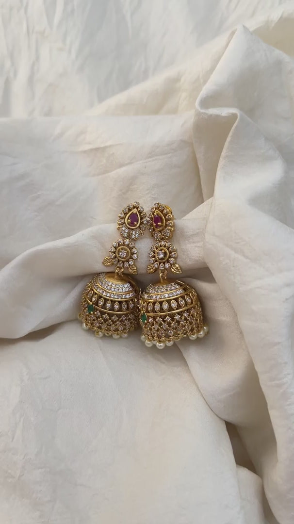 Unique Gold Look Alike AD Stone Jhumkas-Pearl-G12573