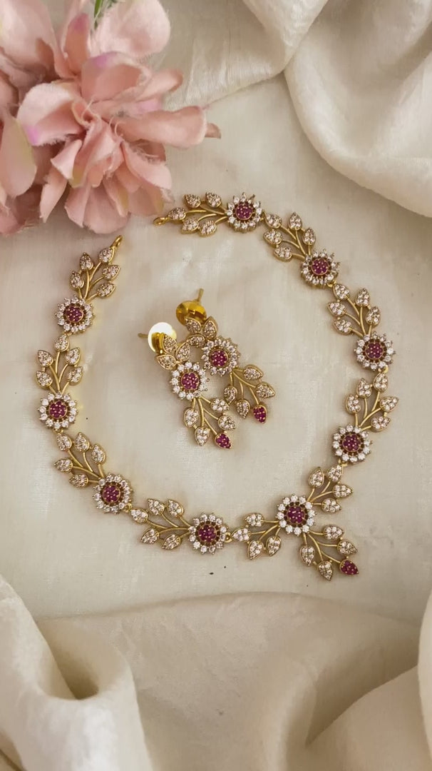 Unique AD Stone Floral Short Neckpiece-Red-G12188