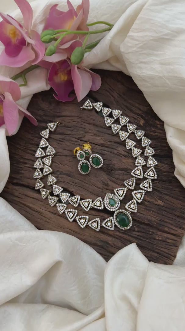 Premium 2 Layer Victorian Diamond Short Neckpiece-Green-VV1629