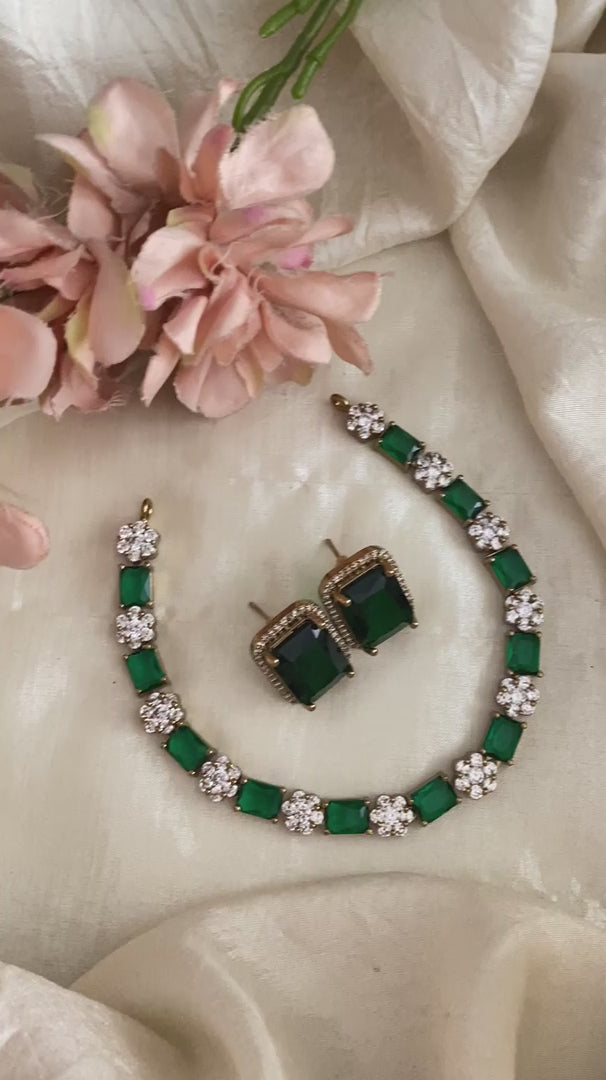 American Diamond Choker Short Neckpiece-Green White -G12133