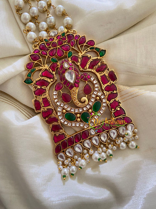 Precious Jadau Kundan Temple Pendant Pearl Malai-Pink Green-J290