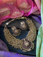 Lakshmi Golden Beads Neckpiece - red green -g318