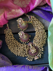 Short Lakshmi Golden Beads Neckpiece - Red-G319