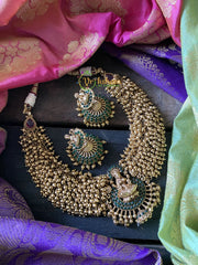 Short Lakshmi Golden Beads Neckpiece - Green-G317