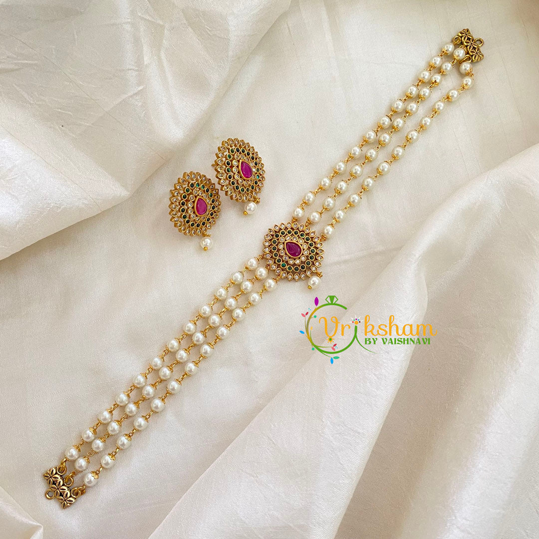  Gold look alike Pearl High Neck Choker-Tilak-Red Green-G7292