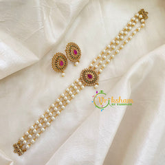  Gold look alike Pearl High Neck Choker-Tilak-Red Green-G7292