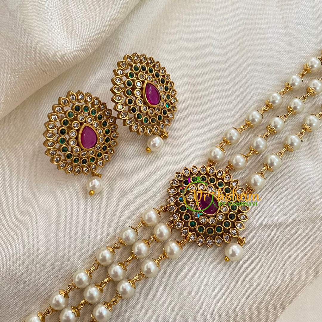  Gold look alike Pearl High Neck Choker-Tilak-Red Green-G7292