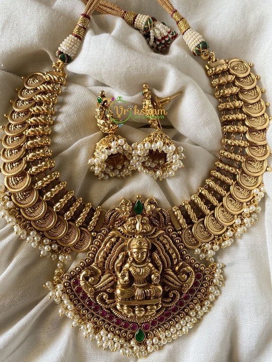 Lakshmi coin and Pendant Choker -Temple Neckpiece -Red Green -G1461