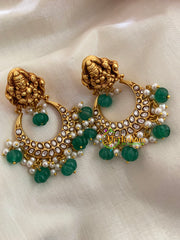 Precious Jadau Kundan Temple Earrings- Dark Green Bead-J285