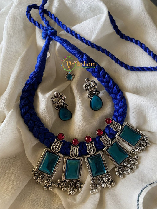 Kolhapuri Silver Neckpiece-Blue Stones-S0141