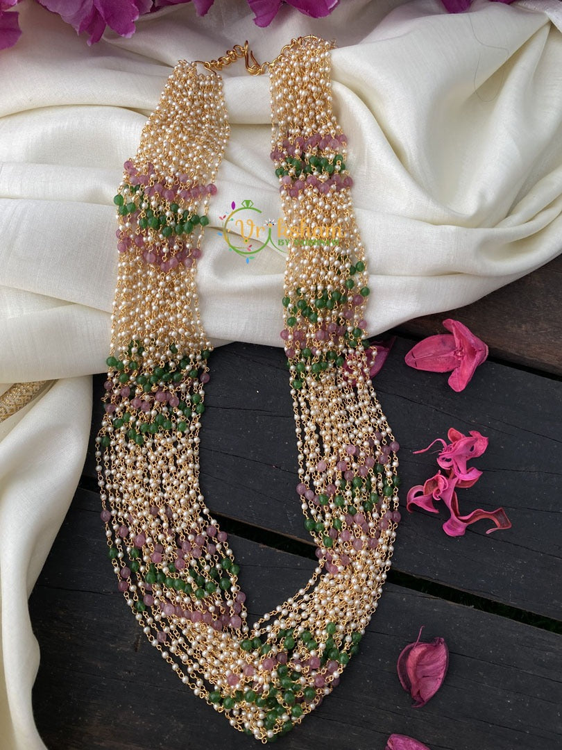 Layered White Beaded Malai with Green and Pastel Pink Beads-G2464