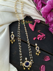 Designer White Bead Chain Blue Pendant Malai -G2460