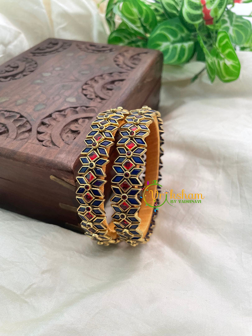 Purple and Blue Silk Thread Kada Kundan Bangle -Diced Flower -G8561