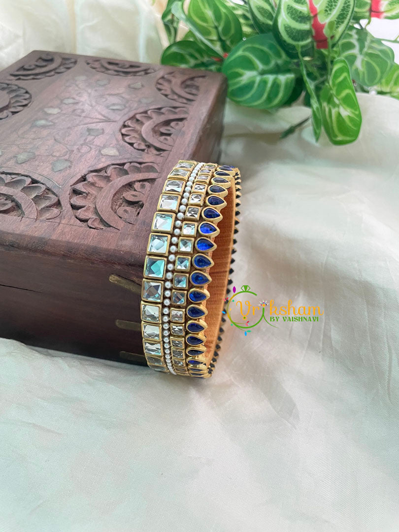 Blue White Glossy Silk Thread Kundan Kada Bangle-Square Tilak -G8641