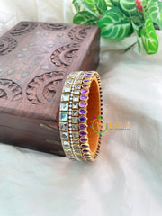 Purple White Glossy Silk Thread Kundan Kada Bangle-Square Tilak -G8638