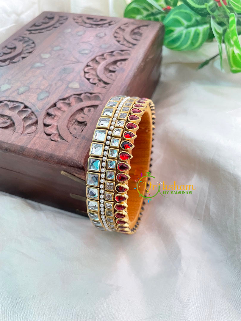 Red White Glossy Silk Thread Kundan Kada Bangle-Square Tilak -G8637