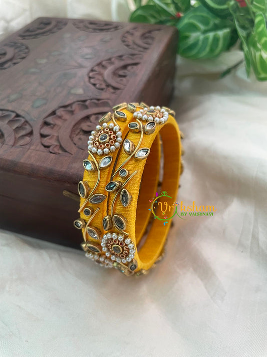 Yellow Silk Thread Kundan Kada Bangle -Vine-G8651