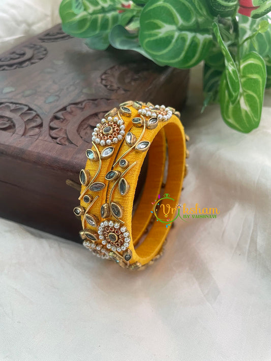 Yellow Silk Thread Kundan Kada Bangle -Vine-G8651