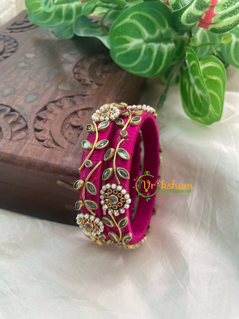 Hot Pink Silk Thread Kundan Kada Bangle -Vine-G8648