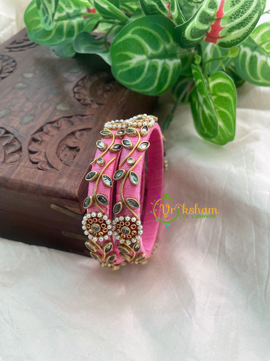 Rose Pink Silk Thread Kundan Kada Bangle -Vine-G8647