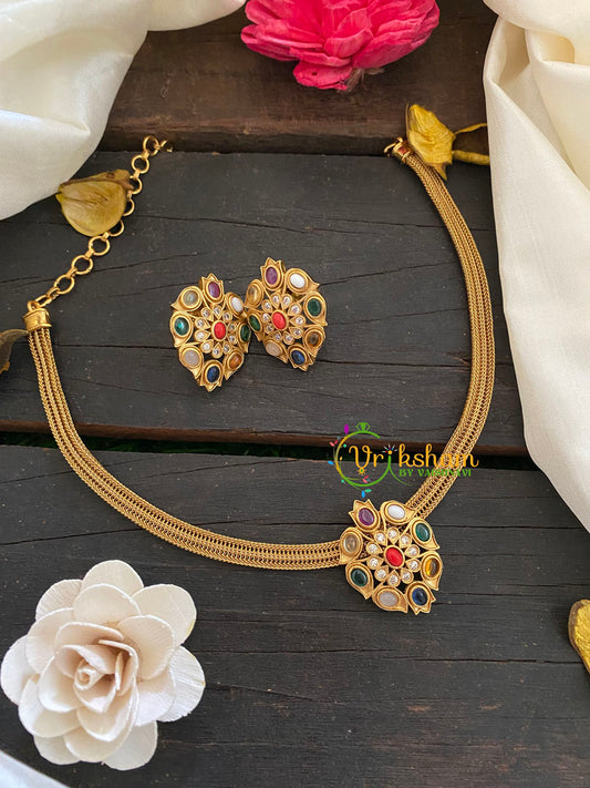 Traditional Addigai Choker Neckpiece-Navrathna addigai -G7329