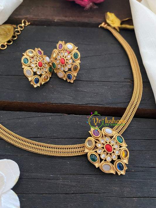 Traditional Addigai Choker Neckpiece-Navrathna addigai -G7329