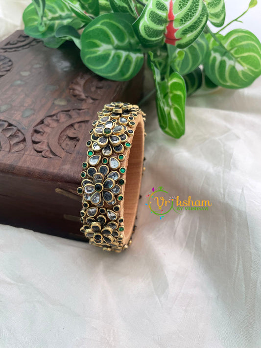 Green White Glossy Silk Thread Kundan Kada Bangle -Bloom-G8627