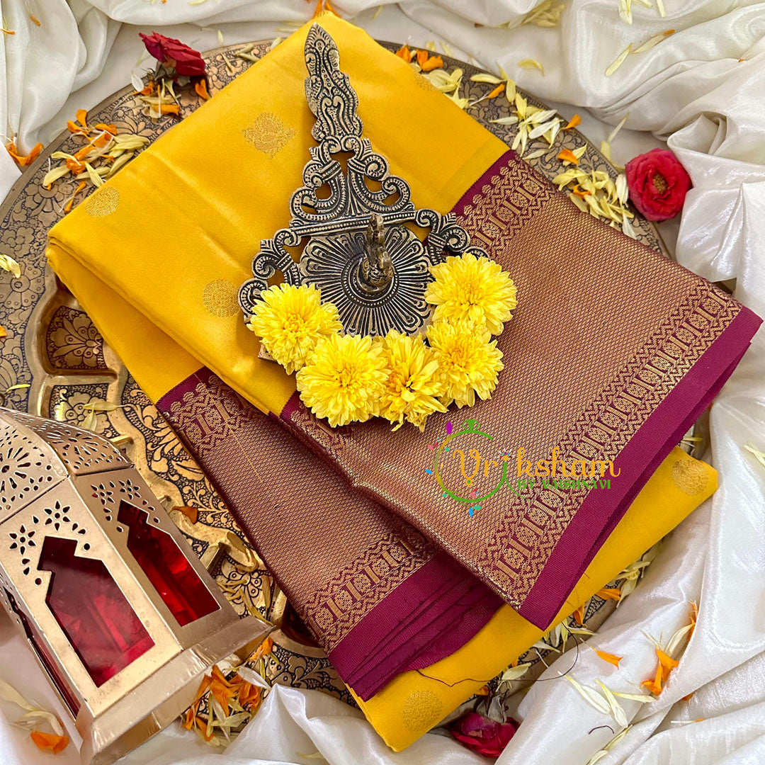 Sunflower Yellow with Maroon Kanchi Pure Silk Saree-VS1742