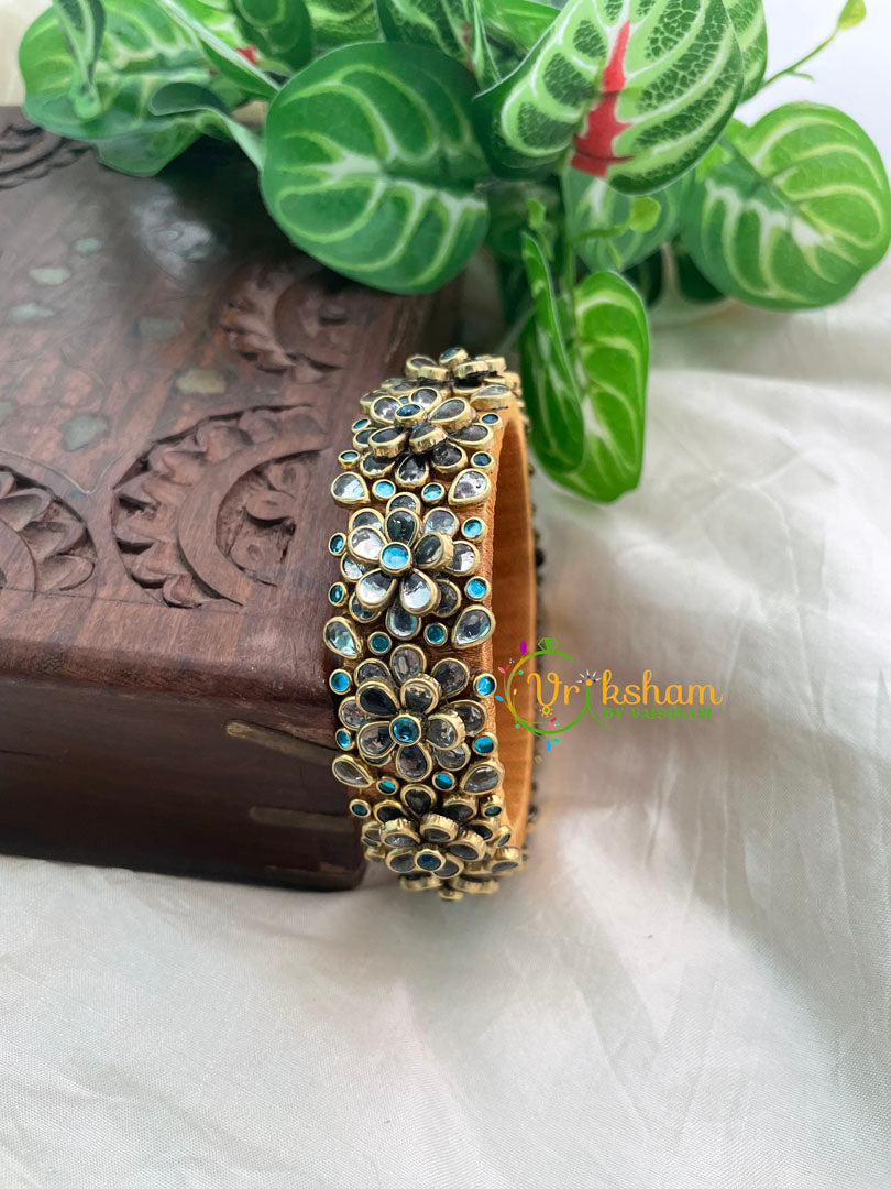 White Blue Glossy Silk Thread Kundan Kada Bangle -Bloom -G8626