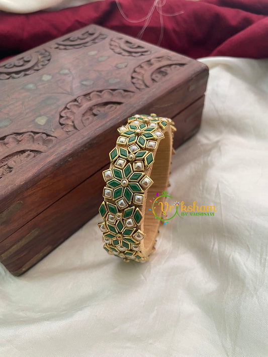 Green Pearly Matt Silk Thread Kundan Kada Bangle -G8624