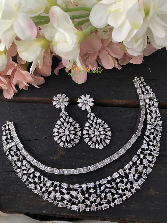 Filigree American Diamond Choker -White Tone -G2326