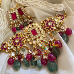 Precious Kundan Jadau Pearl Neckpiece-Green and Pink Beads-J324
