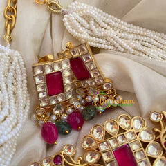Precious Kundan Jadau Pearl Neckpiece-Green and Pink Beads-J324