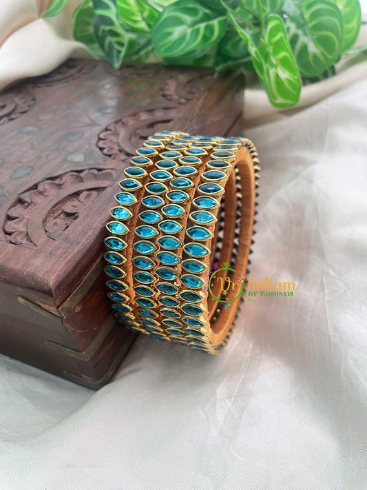 Light Blue Glossy Thin Silk Thread Kundan Bangle -Petals-G8580