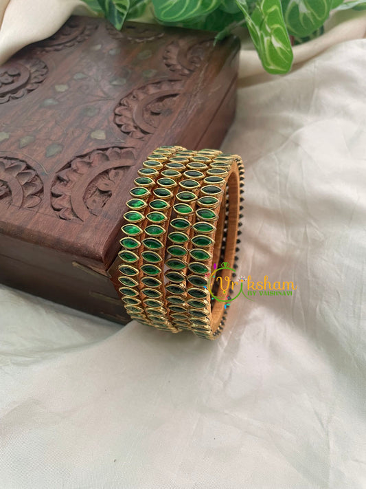Green Glossy Thin Silk Thread Kundan Bangle -Petals-G8577