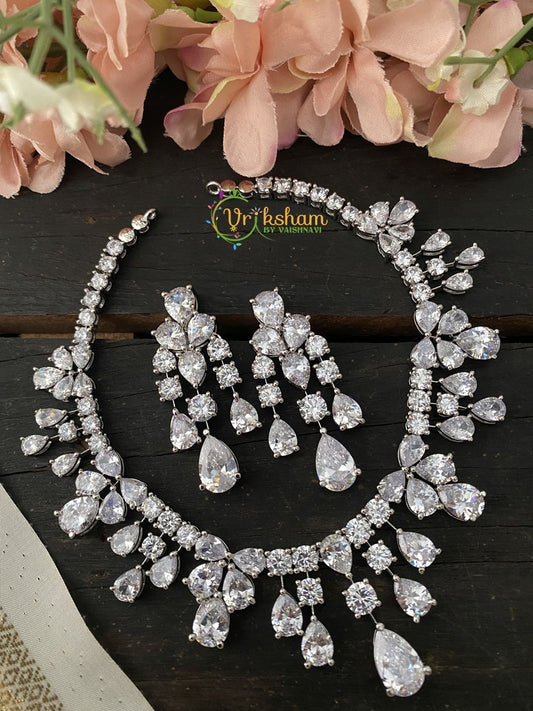 Premium American Diamond Tear Drop Choker-White Tone-G2332