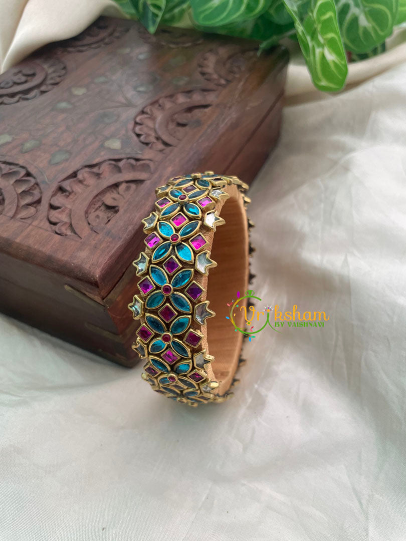 Pink and Blue Silk Thread Kundan Kada Bangle -G8613