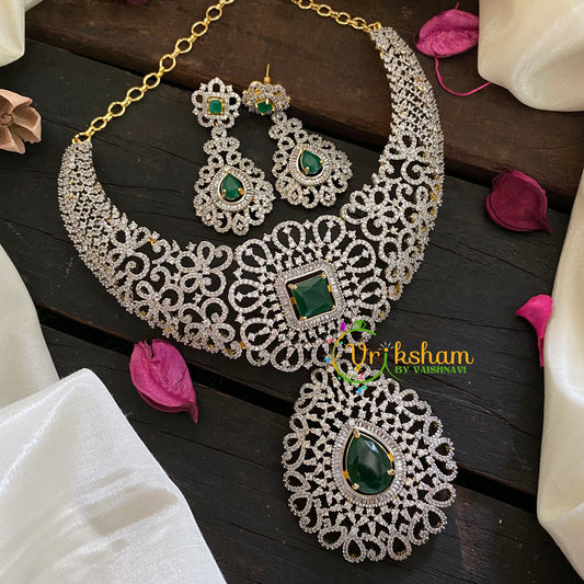 Gold American Diamond Bridal Neckpiece-Green-G3433