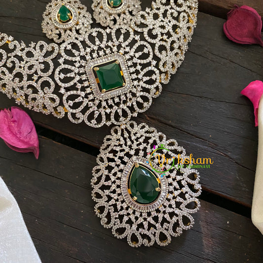 Gold American Diamond Bridal Neckpiece-Green-G3433