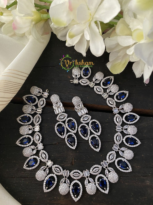 White Tone American Diamond Neckpiece -Blue -G2334