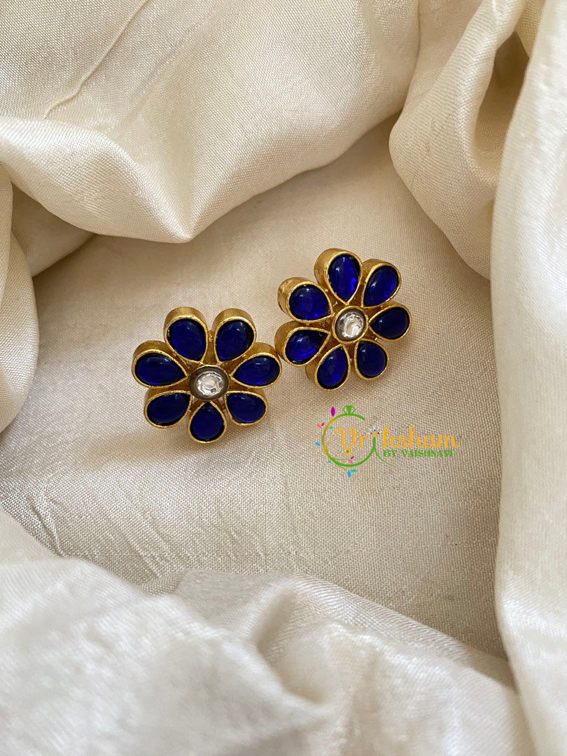 Precious Jadau Kundan Studs -Blue Flower-J1471