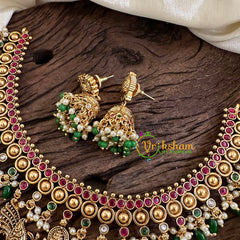 Gold Look Alike Ganesh Pendant Short Neckpiece-Green bead-G10324