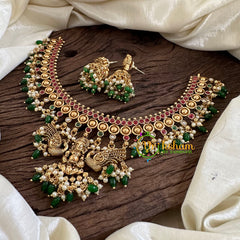 Gold Look Alike Ganesh Pendant Short Neckpiece-Green bead-G10324