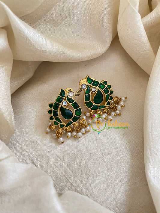 Precious Jadau Kundan Studs -Green-Peacock-Pearls-J1479