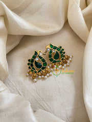 Precious Jadau Kundan Studs -Green-Peacock-Pearls-J1479