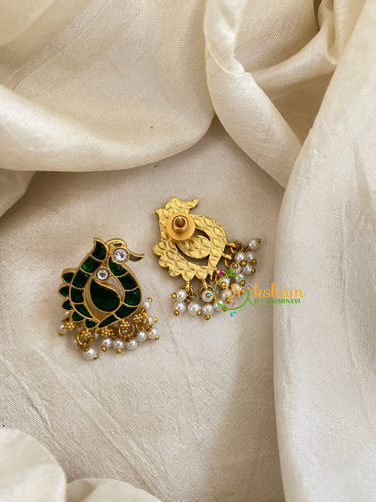 Precious Jadau Kundan Studs -Green-Peacock-Pearls-J1479