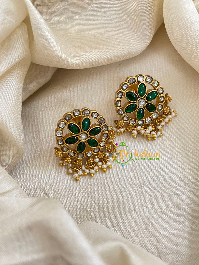 Precious Jadau Kundan Studs -Green-Pearls-J1466